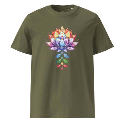 Olive green Chakra Lotus Organic Cotton T-Shirt with vibrant lotus and chakra artwork, made from eco-friendly breathable fabric