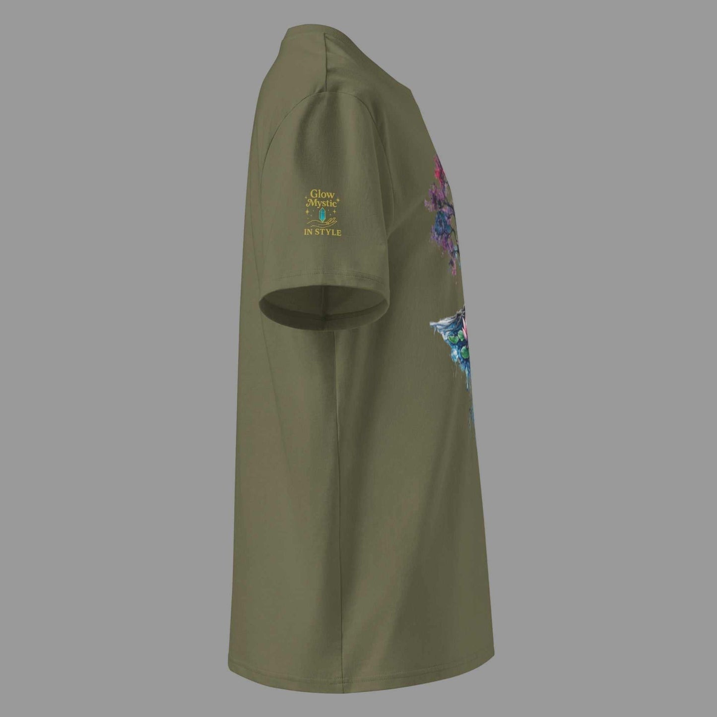 olive green Tree of Life Energy Flow T-Shirt with colorful cosmic tree graphic and Glow Mystic in Style logo on sleeve