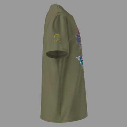 olive green Tree of Life Energy Flow T-Shirt with colorful cosmic tree graphic and Glow Mystic in Style logo on sleeve