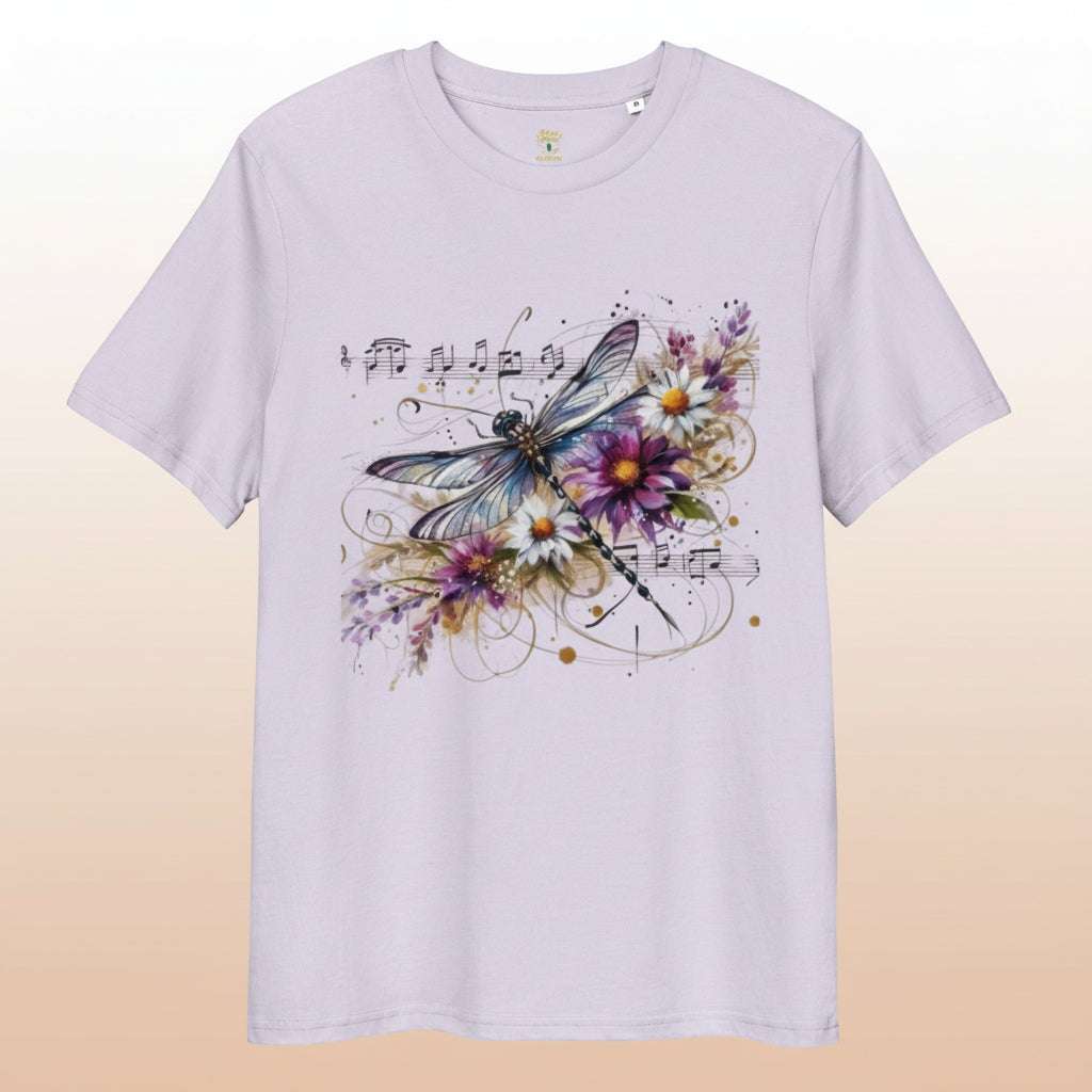 Harmony in Flight unisex organic cotton t-shirt with dragonfly, music notes, and floral design in lavender color