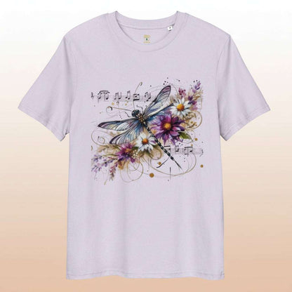 Harmony in Flight unisex organic cotton t-shirt with dragonfly, music notes, and floral design in lavender color