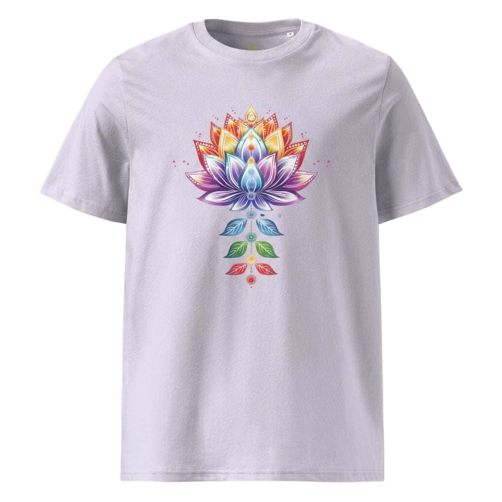 Chakra Lotus Organic Cotton T-Shirt with vibrant lotus and chakra design on soft, eco-friendly fabric