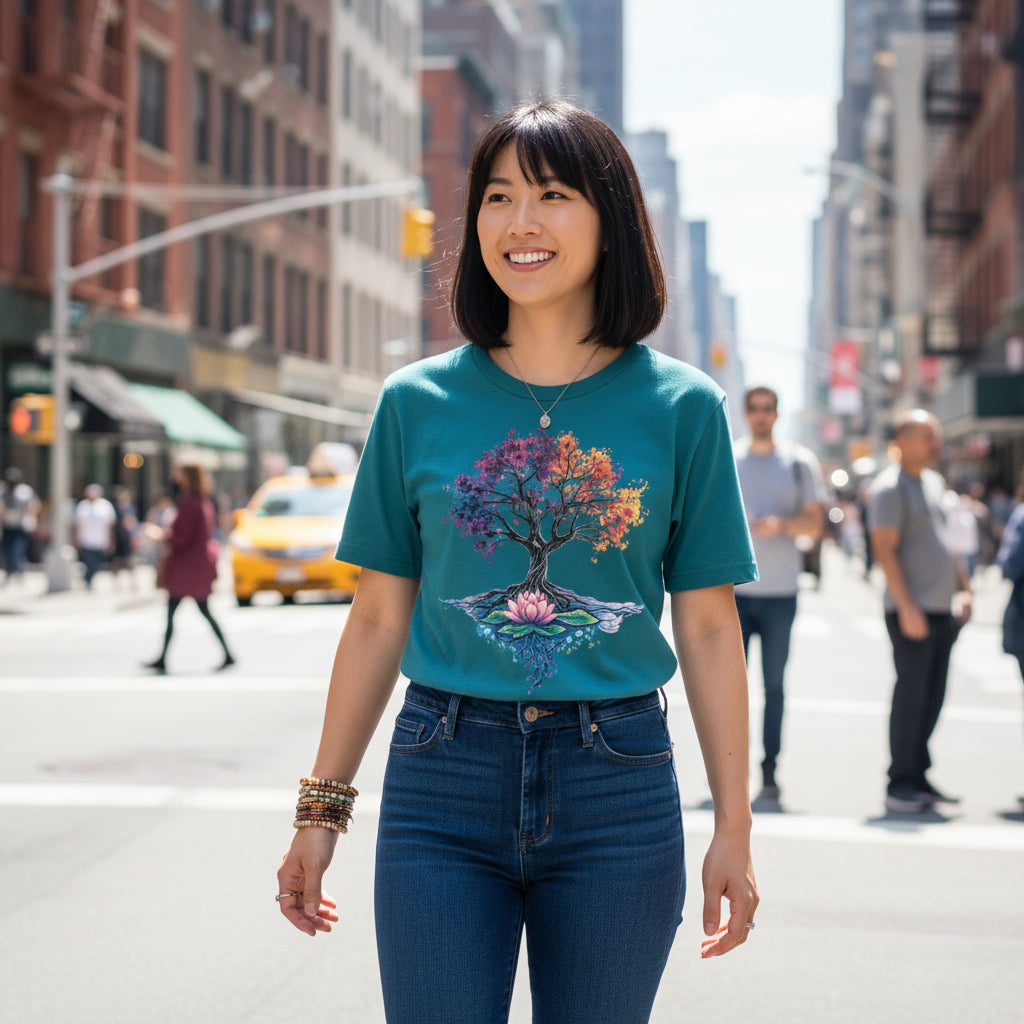 Woman wearing Tree of Life Energy Flow T-Shirt standing in cozy boho room with plants and dreamcatchers