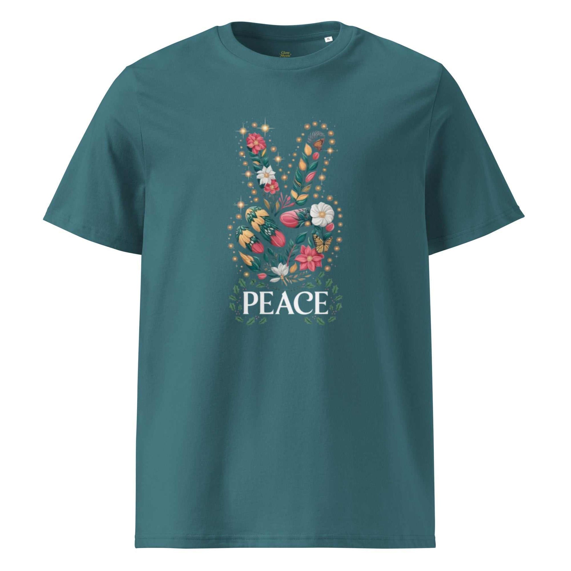 Unisex Organic Cotton T-shirt in teal with floral peace sign design and short sleeves