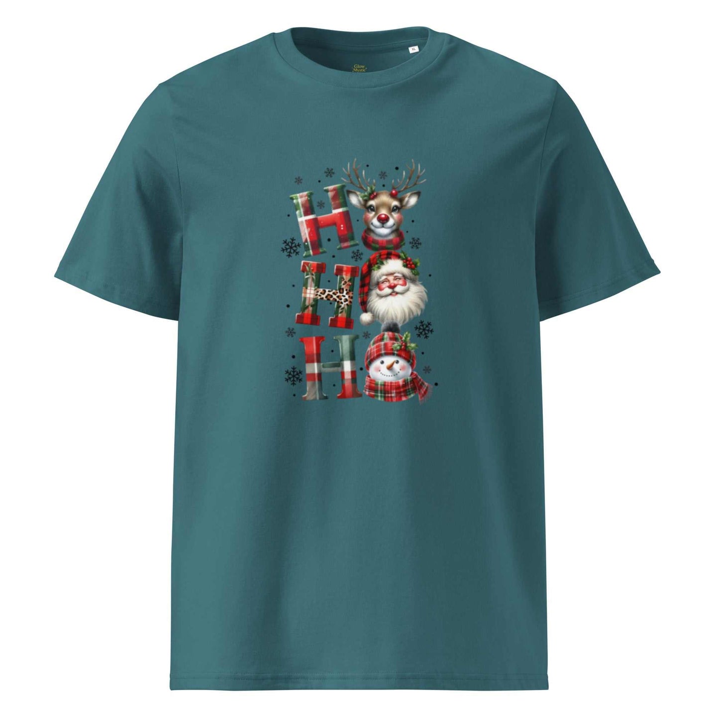 Unisex organic cotton Christmas T-shirt in teal with festive "HO HO HO" design featuring reindeer, Santa, and snowman faces