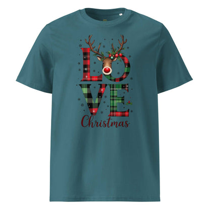 Organic Cotton Christmas T-Shirt with festive plaid "LOVE Christmas" print and reindeer design on teal fabric