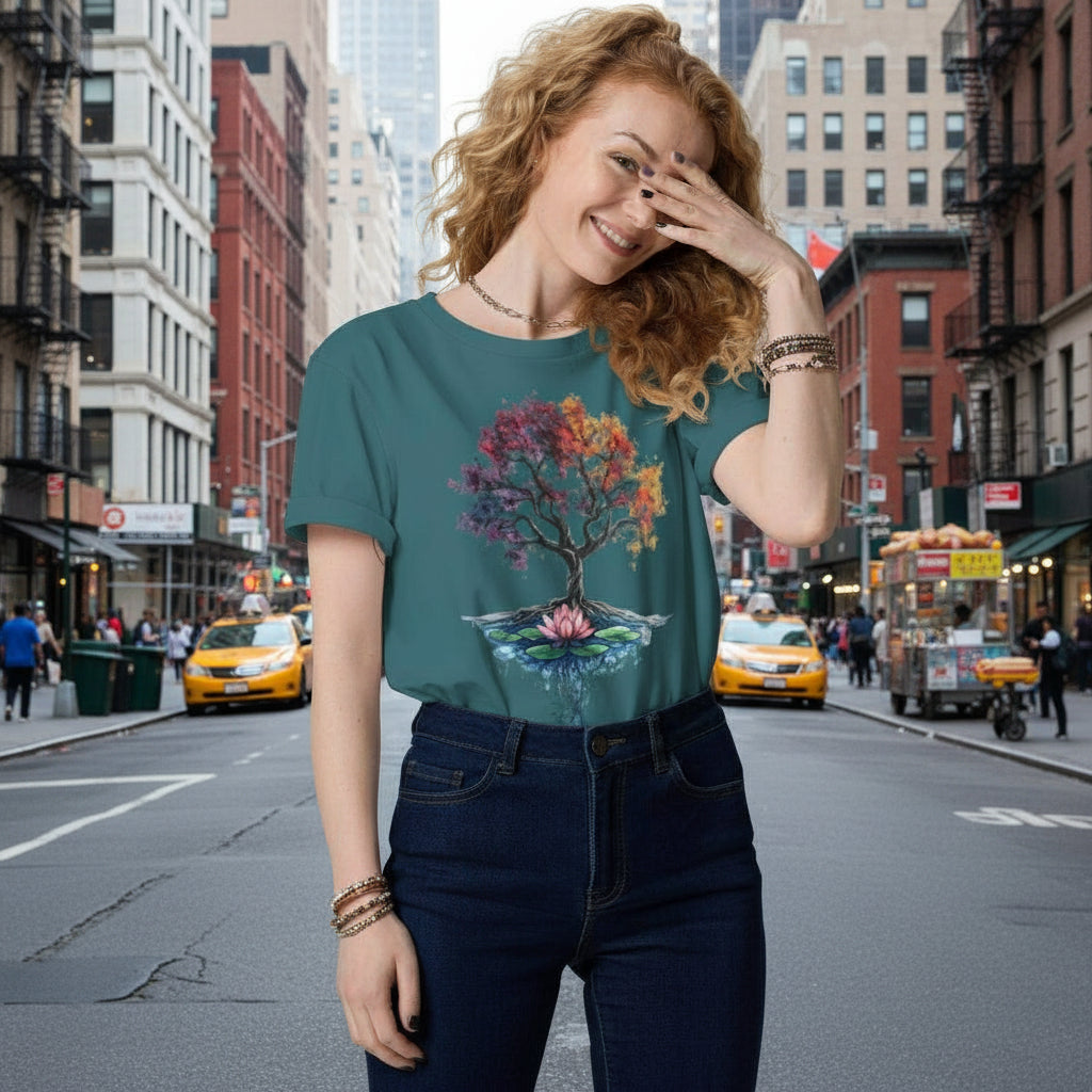 Woman wearing a teal Tree of Life Energy Flow T-Shirt with colorful cosmic tree design in a bright modern street of new york