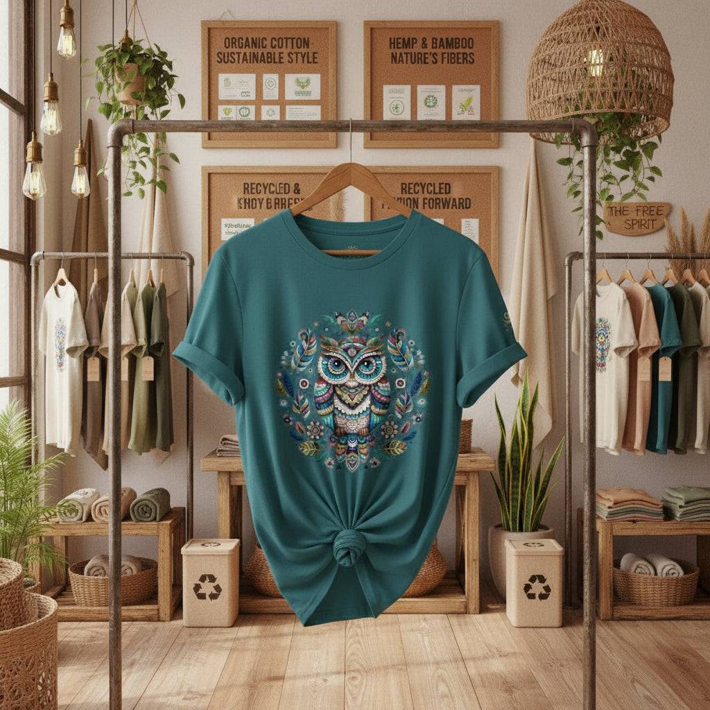 Mystical Owl Organic T-Shirt with colorful owl design, made from 100% organic cotton, eco-friendly and boho style