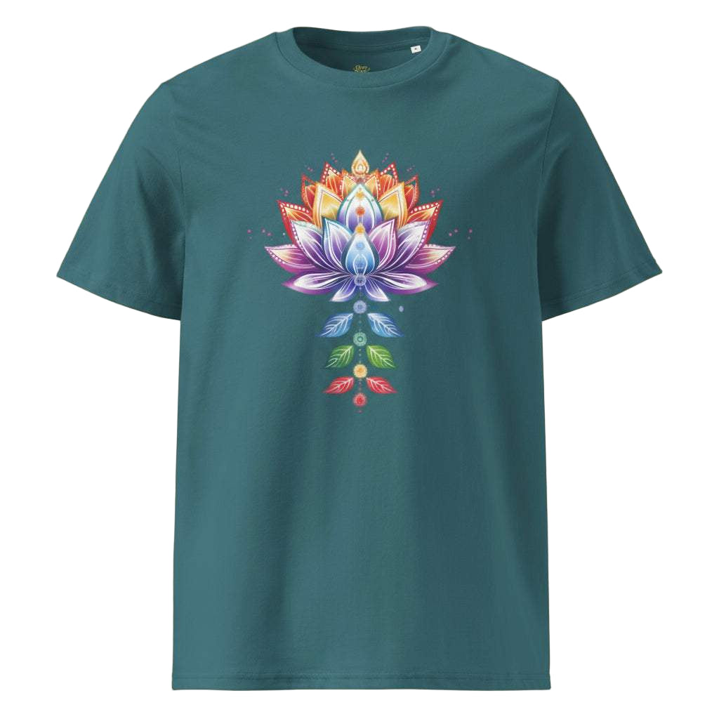 Chakra Lotus Organic Cotton T-Shirt with vibrant lotus and chakra design on teal fabric, eco-friendly and spiritual energy tee