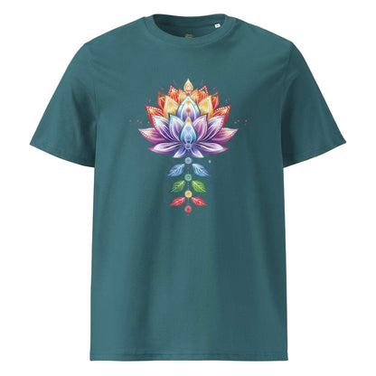 Chakra Lotus Organic Cotton T-Shirt with vibrant lotus and chakra design on teal fabric, eco-friendly and spiritual energy tee
