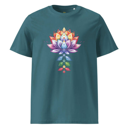 organic cotton t-shirt met lotus en chakra design in duurzame spirituele stijl