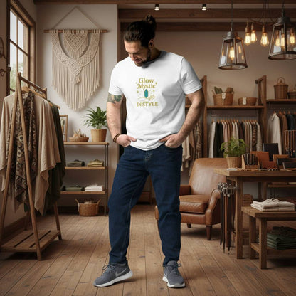 Man wearing white Glow Mystic in Style organic cotton t-shirt with gold logo in stylish cozy room