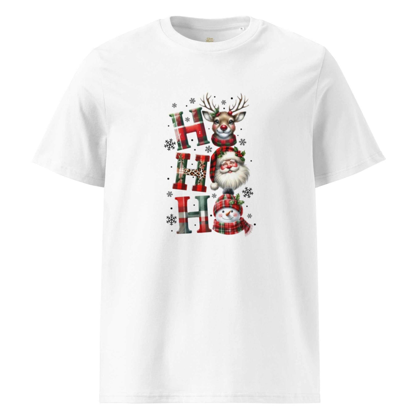 Unisex organic cotton Christmas t-shirt with festive reindeer, Santa, and snowman design on white background