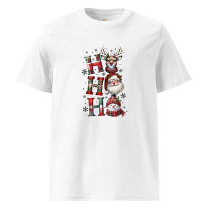 Unisex organic cotton Christmas t-shirt with festive reindeer, Santa, and snowman design on white background