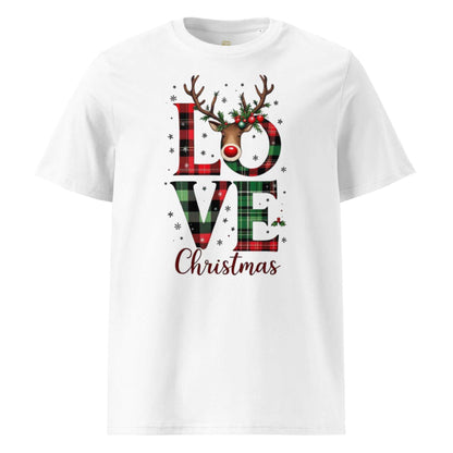 White organic cotton Christmas t-shirt with festive plaid "LOVE Christmas" print and reindeer design.