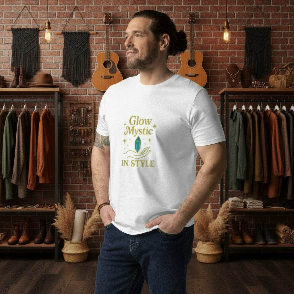 Man wearing white Glow Mystic in Style organic cotton t-shirt with gold logo in a cozy, rustic room with guitars and hanging clothes