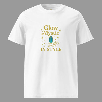 White organic cotton t-shirt with gold Glow Mystic in Style logo and blue crystal graphic on front