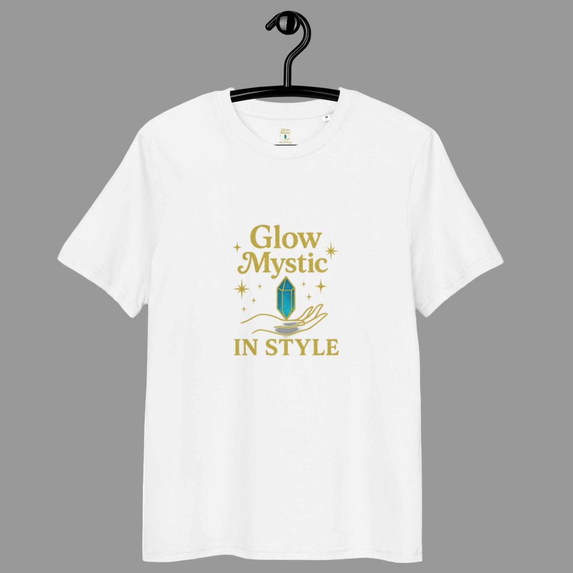 White Glow Mystic in Style organic cotton t-shirt with gold logo and crystal graphic on front