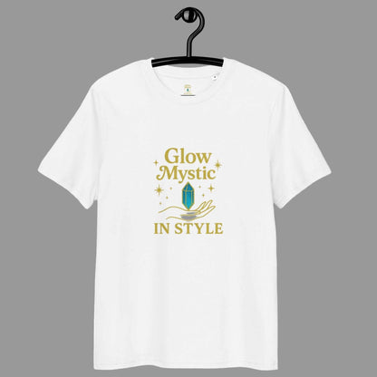 White Glow Mystic in Style organic cotton t-shirt with gold logo and crystal graphic on front