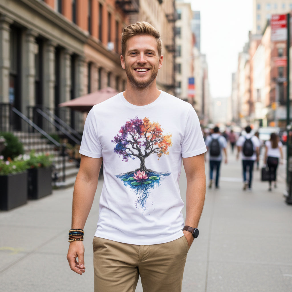Man wearing white Tree of Life Energy Flow T-Shirt with colorful cosmic tree design at the street of new york