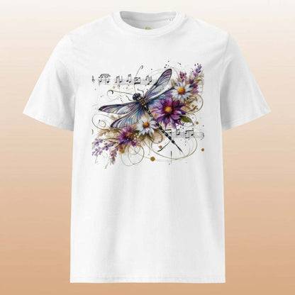 White organic cotton t-shirt with Harmony in Flight dragonfly, music notes, and floral design