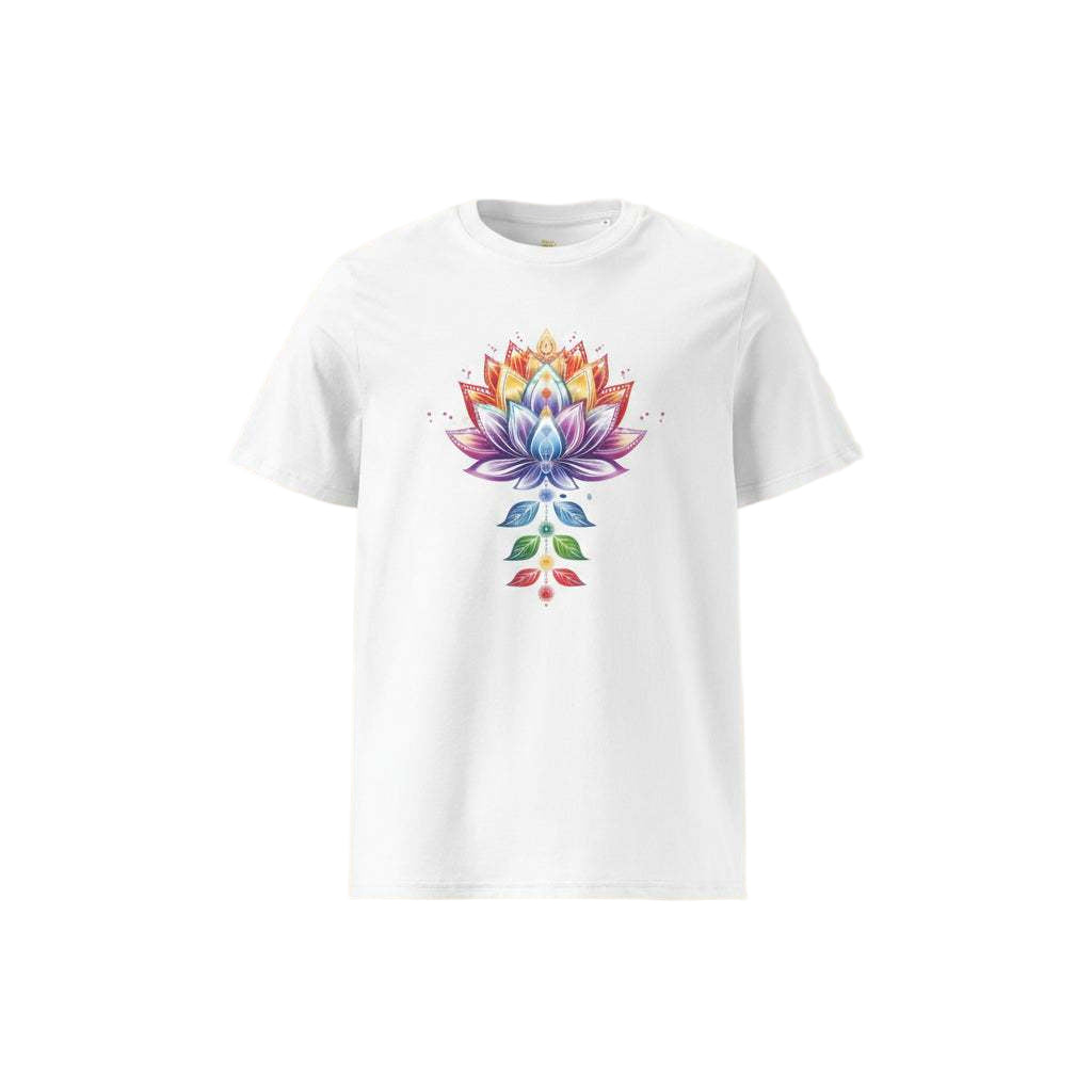White Chakra Lotus Organic Cotton T-Shirt with vibrant chakra and lotus design, eco-friendly and breathable fabric.