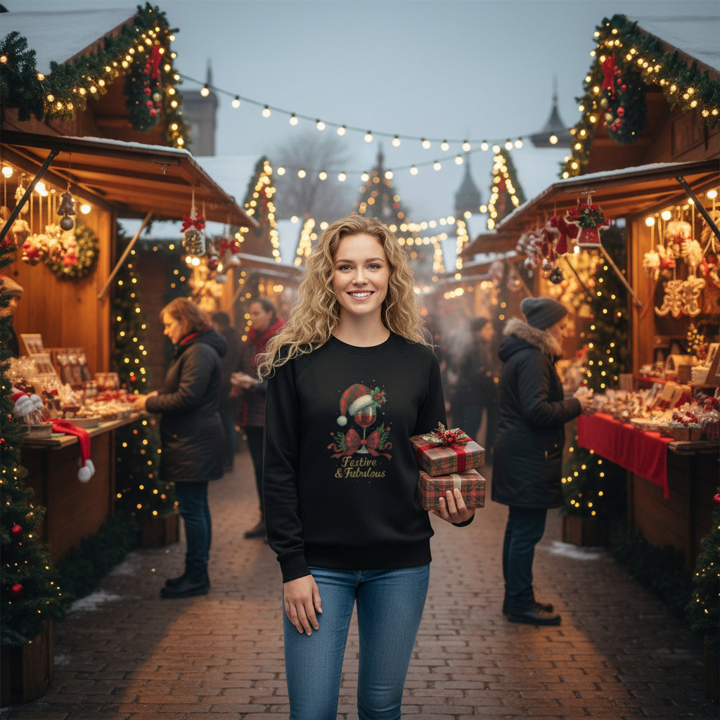 Festive & Fabulous organic sweatshirt with holiday design on mannequin in cozy setting on a market