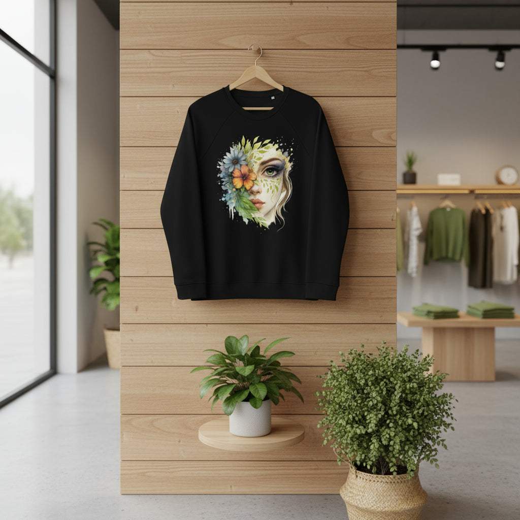 Black Floral Face Sweater with artistic watercolor flowers and woman's face design, eco-friendly and sustainable fashion