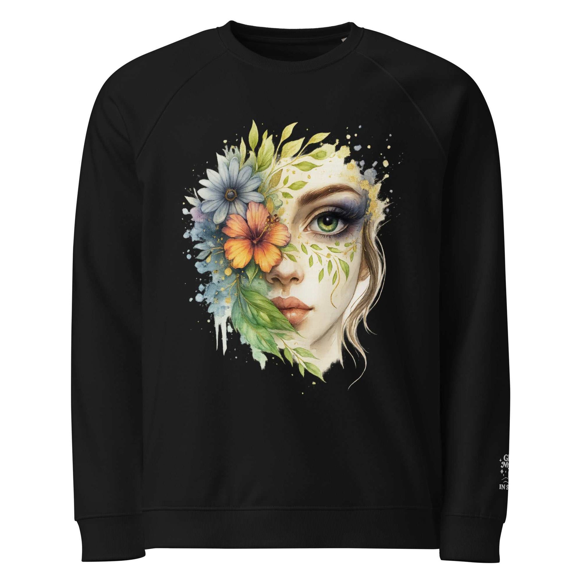 Eco vriendelijke zwarte sweater met artistiek aquarel gezicht en bloemmotieven, duurzaam en zacht.