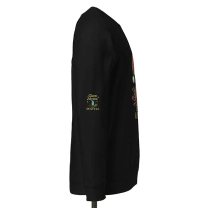 Side view of Festive & Fabulous organic sweatshirt in black with Glow Mystic graphic on sleeve in modern retail setting