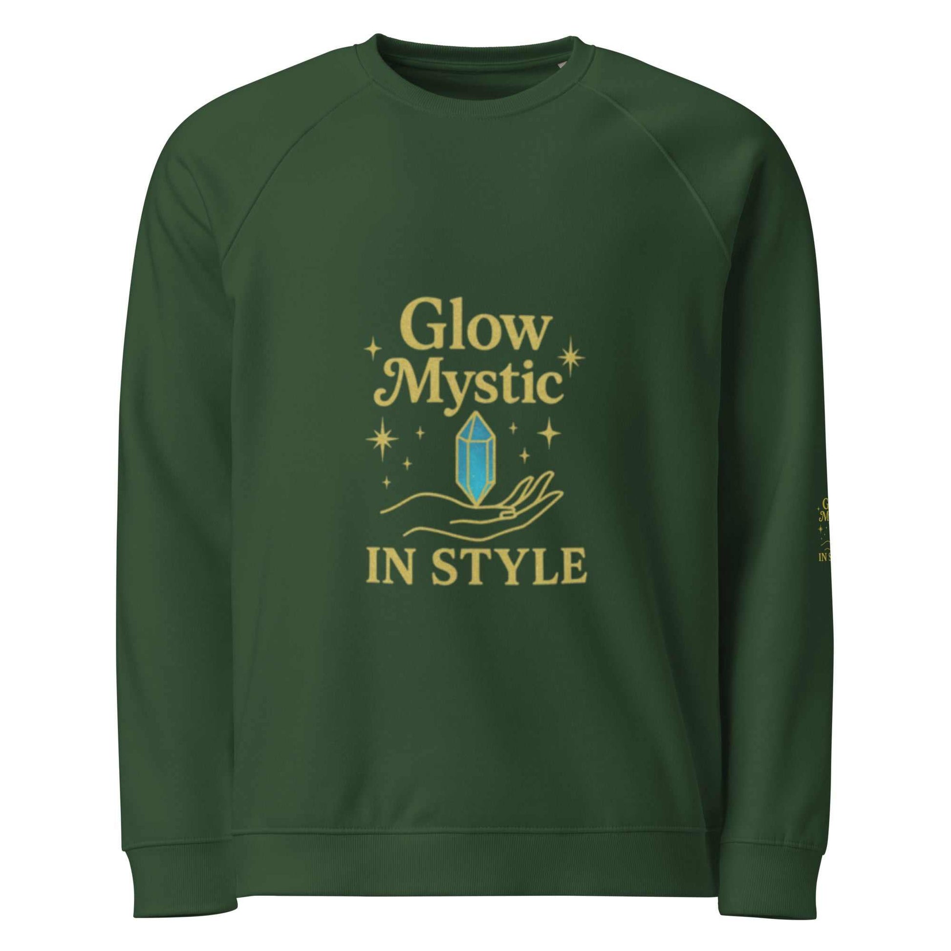 Glow Mystic in Style Eco Sweatshirt unisex organic cotton raglan sweatshirt in green with yellow mystical crystal design