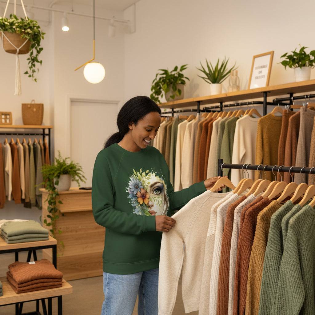 Woman wearing green Floral Face Sweater with watercolor floral face design browsing sweaters in store