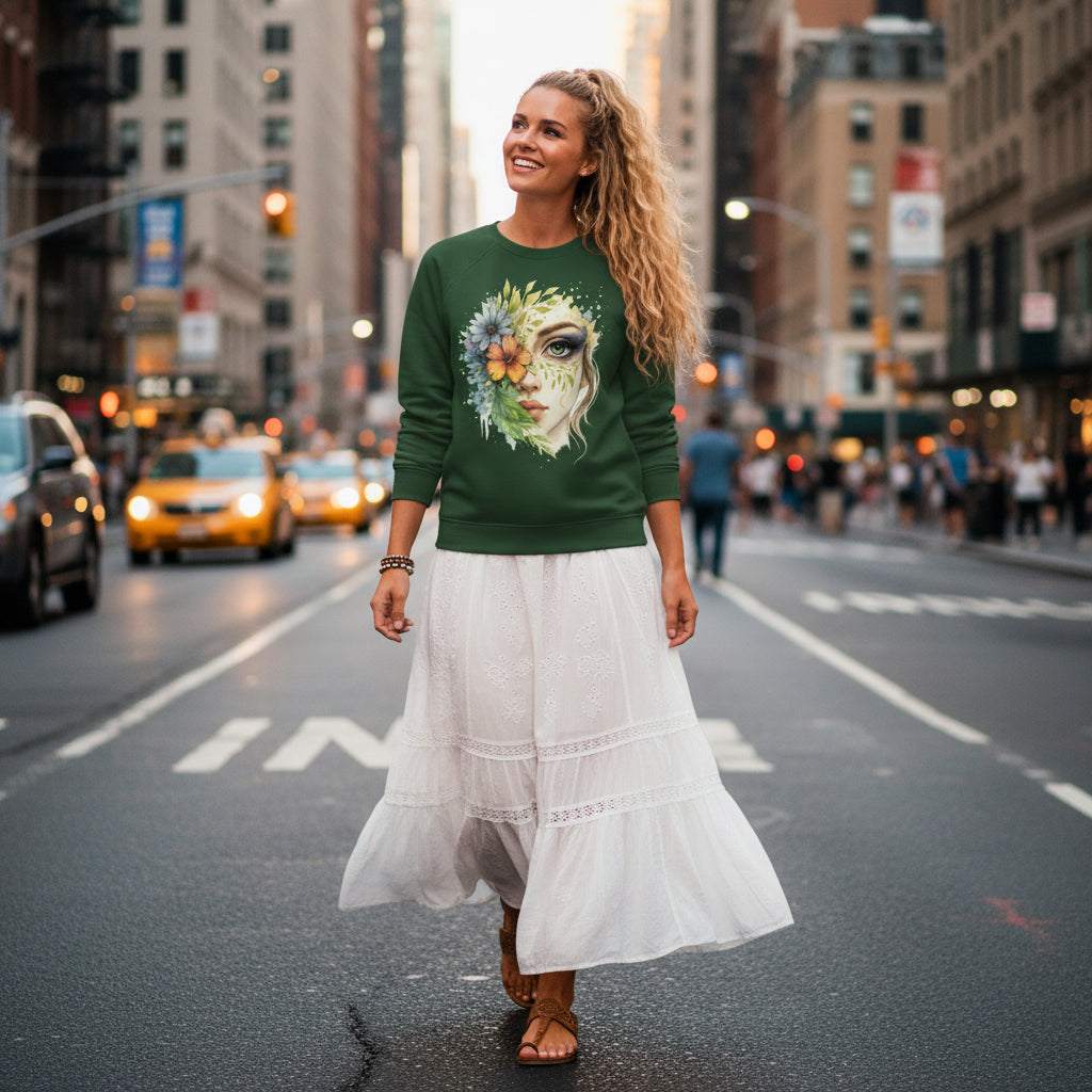 vrouw draagt groene sweater met bloemengezicht print in stadsomgeving