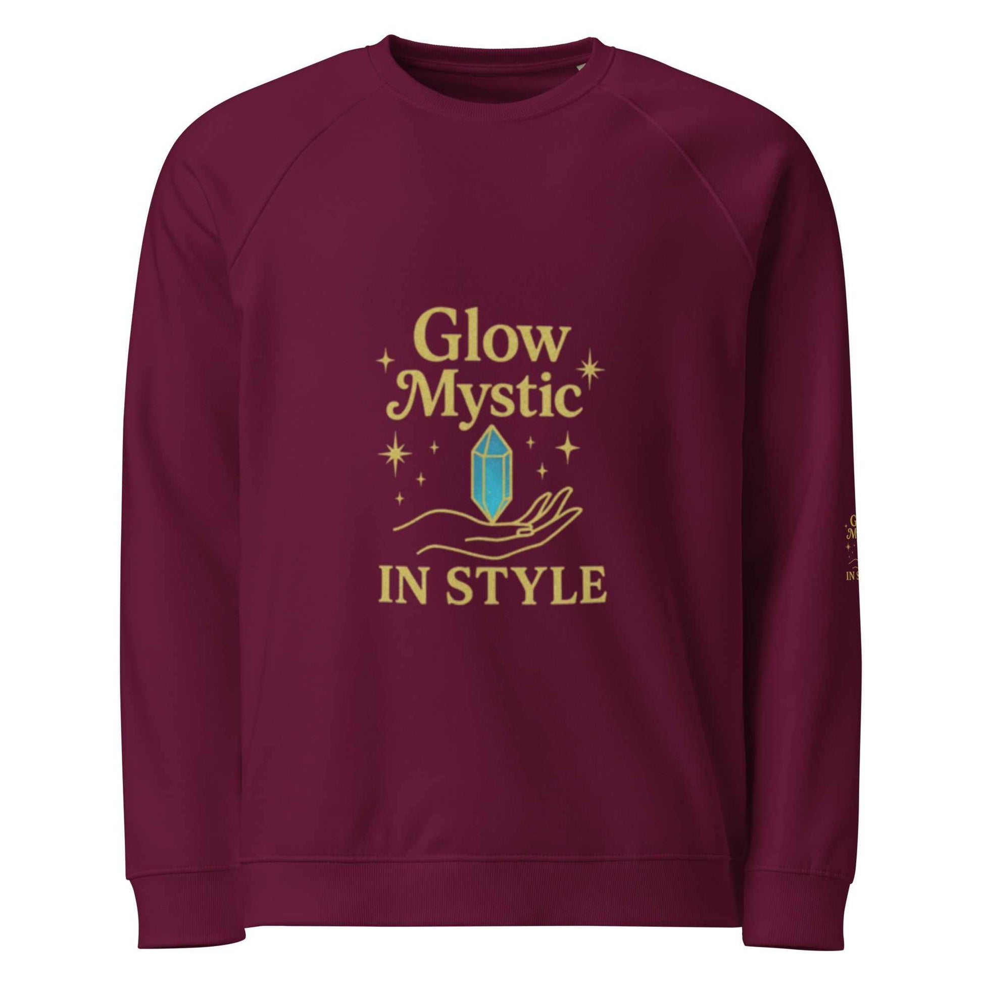 Glow Mystic in Style Eco Sweatshirt unisex organic cotton raglan pullover in burgundy with gold crystal graphic