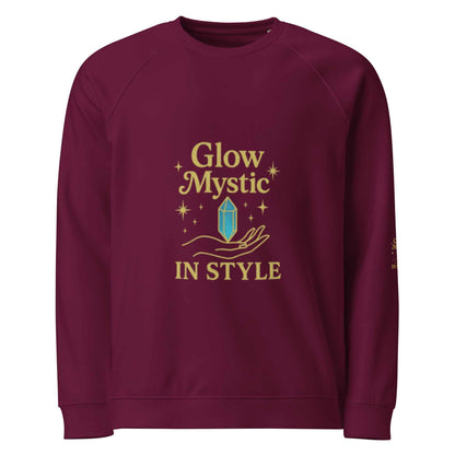 Glow Mystic in Style Eco Sweatshirt unisex organic cotton raglan pullover in burgundy with gold crystal graphic