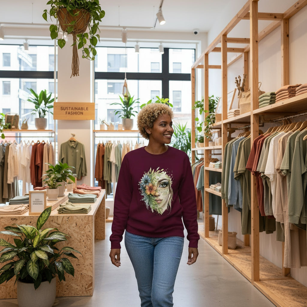 Woman wearing maroon Floral Face Sweater with watercolor flower and face design, sitting in cozy living room