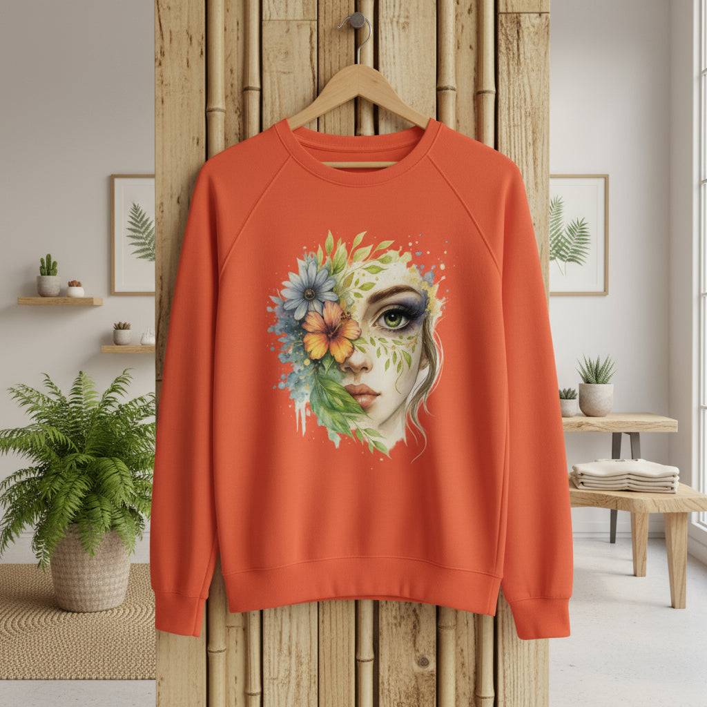 Orange Floral Face Sweater with artistic woman face and floral design, eco-friendly and sustainable fashion