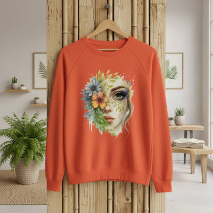 Orange Floral Face Sweater with artistic woman face and floral design, eco-friendly and sustainable fashion