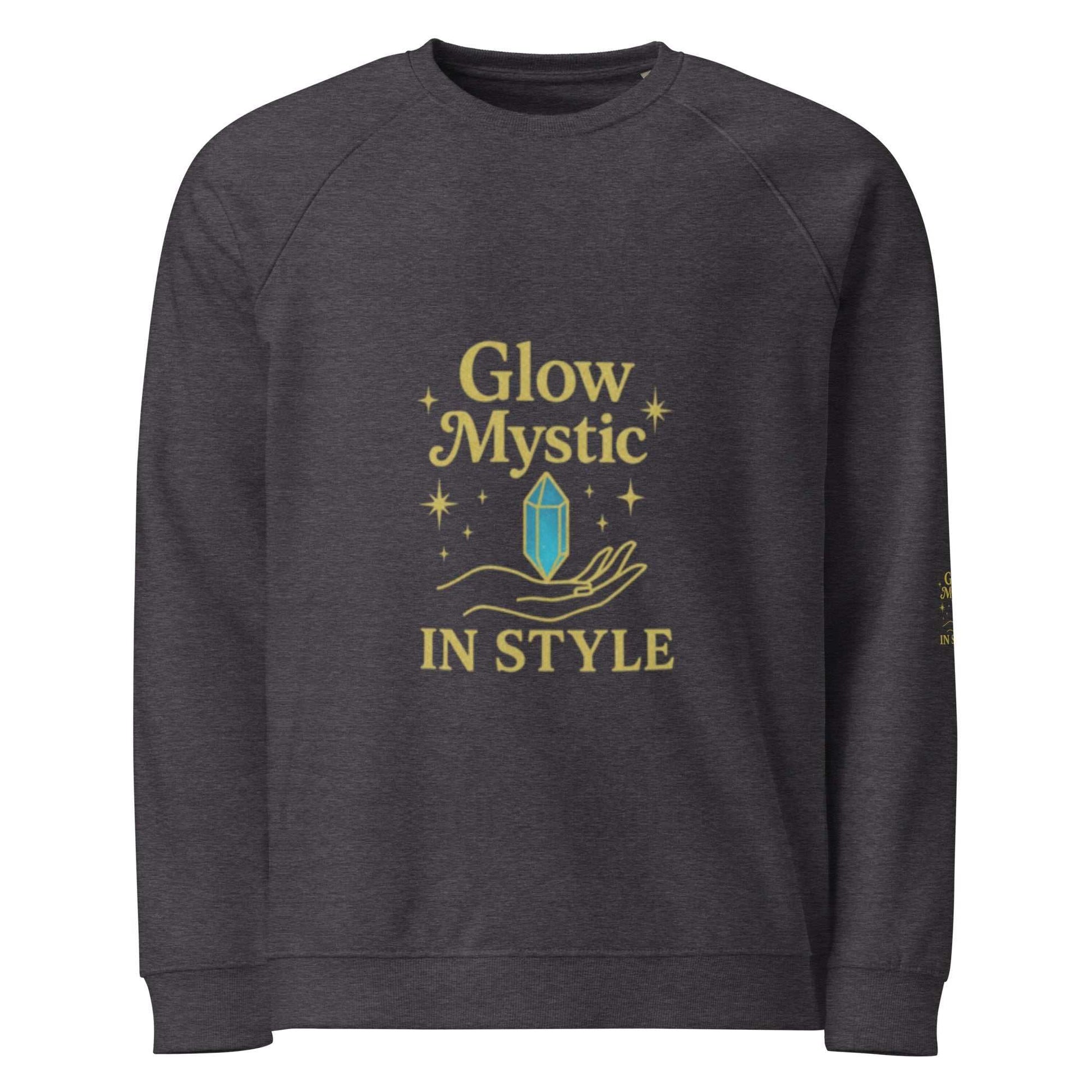 Unisex charcoal Glow Mystic in Style eco-friendly organic cotton sweatshirt with raglan sleeves and gold crystal graphic