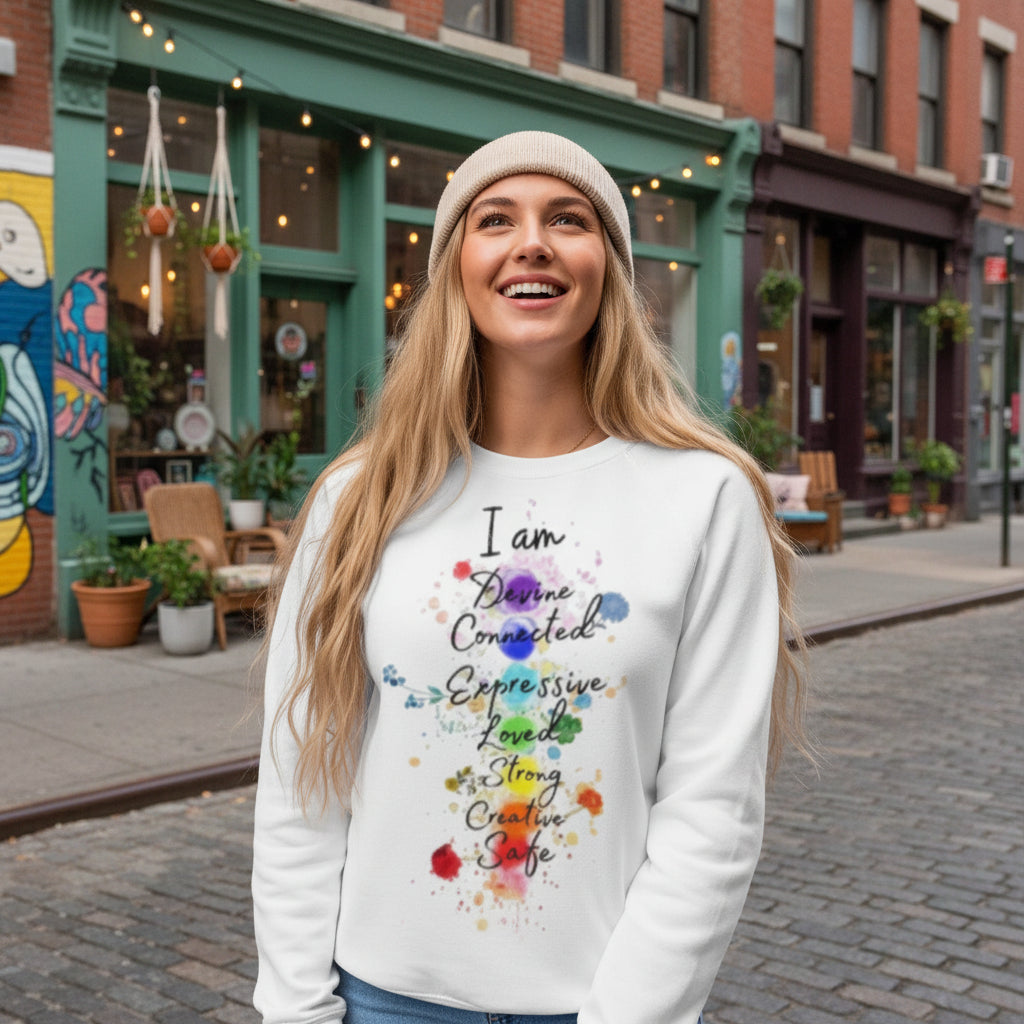 woman wearing white unisex organic raglan sweatshirt with colorful text design against blue sky background