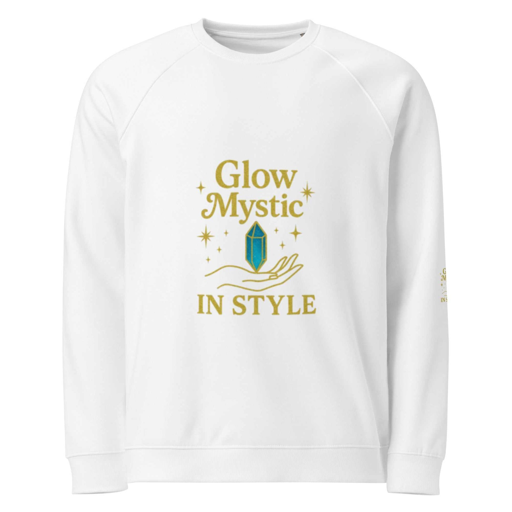 White unisex organic cotton Glow Mystic in Style Eco Sweatshirt with gold and blue mystical design