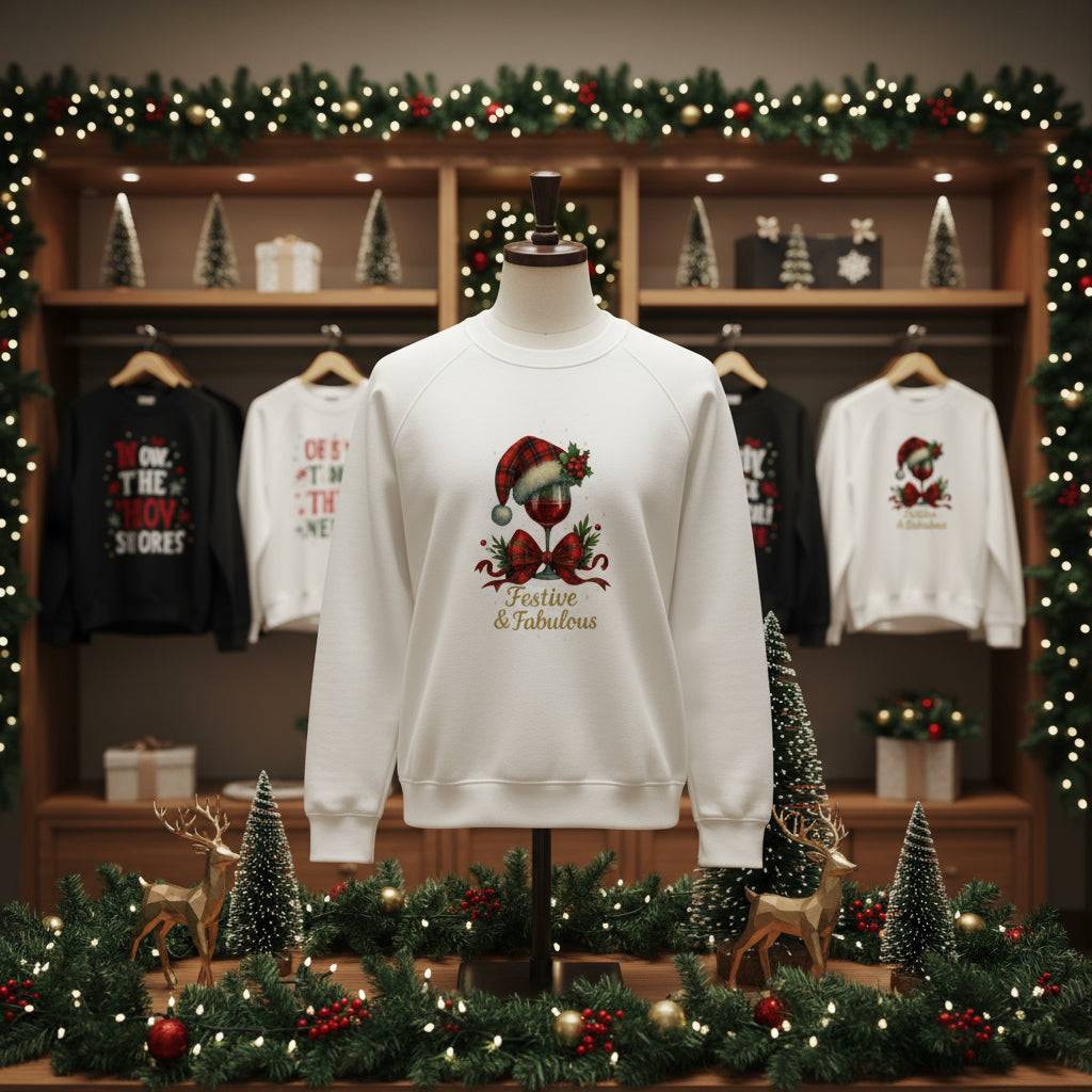 White Festive & Fabulous organic sweatshirt with holiday design on mannequin in decorated Christmas display