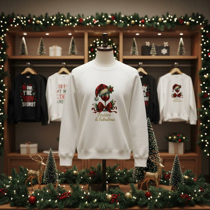 White Festive & Fabulous organic sweatshirt with holiday design on mannequin in decorated Christmas display