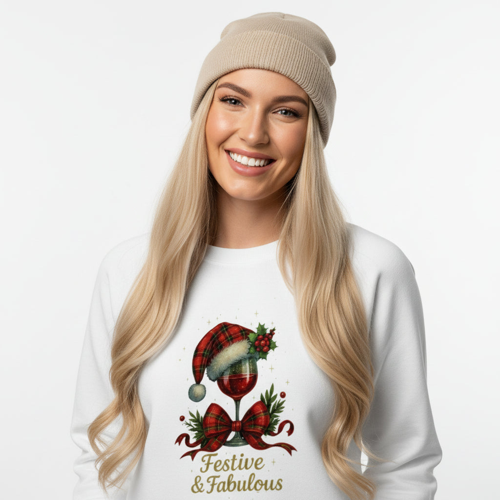 Woman wearing white Festive & Fabulous organic sweatshirt with holiday wine glass design in Christmas decorated store