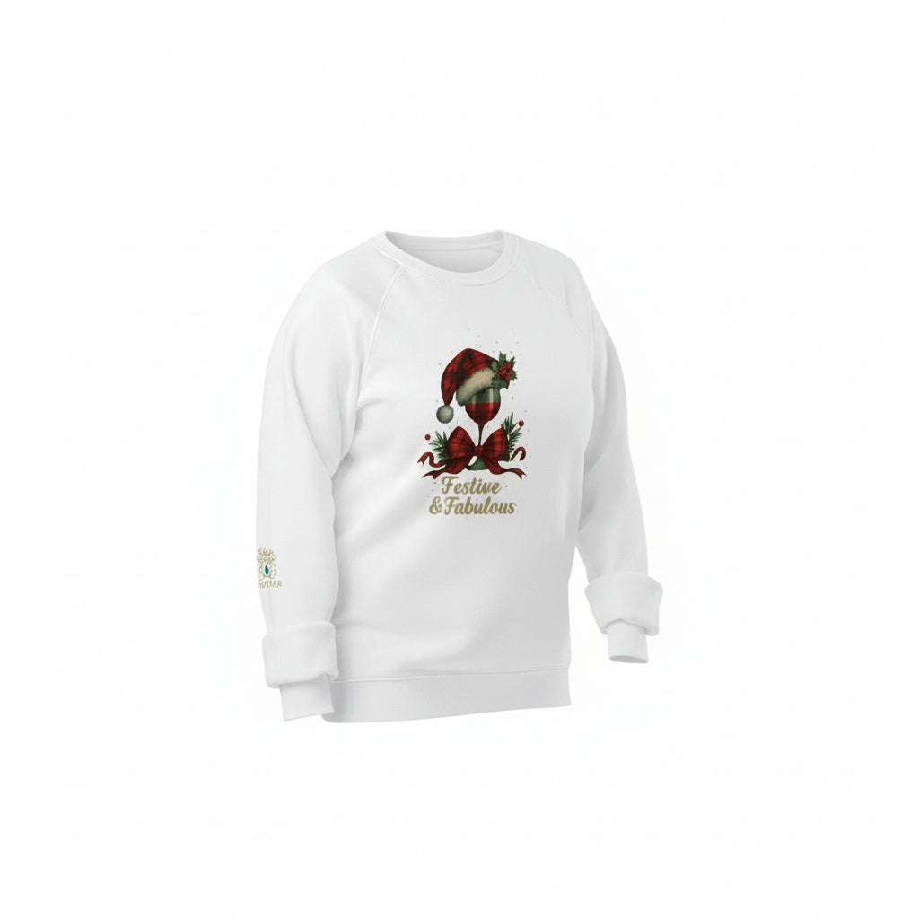 woman wearing white Festive & Fabulous organic sweatshirt surrounded by holiday decorations and wrapped gifts