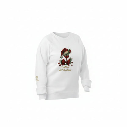 woman wearing white Festive & Fabulous organic sweatshirt surrounded by holiday decorations and wrapped gifts