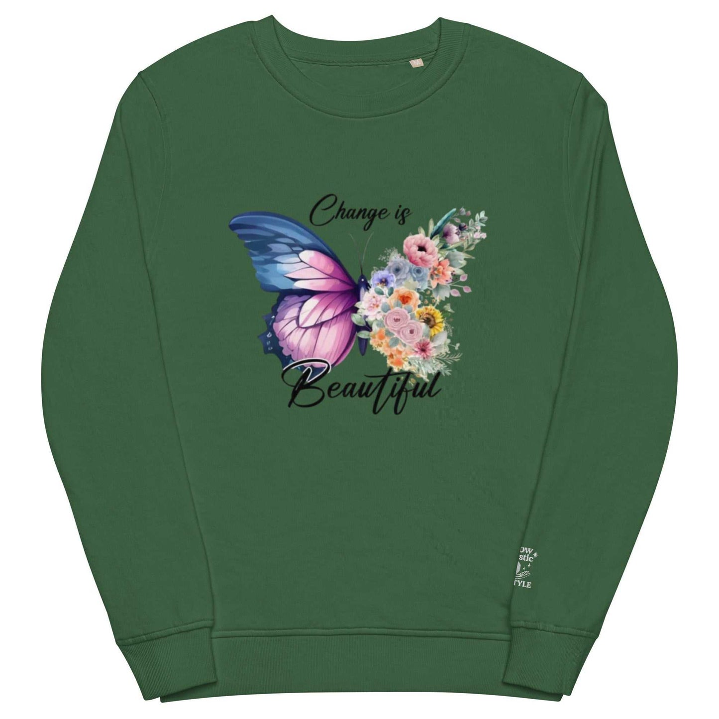 Organic groen sweatshirt met vlinder- en bloemmotief, duurzaam en zacht