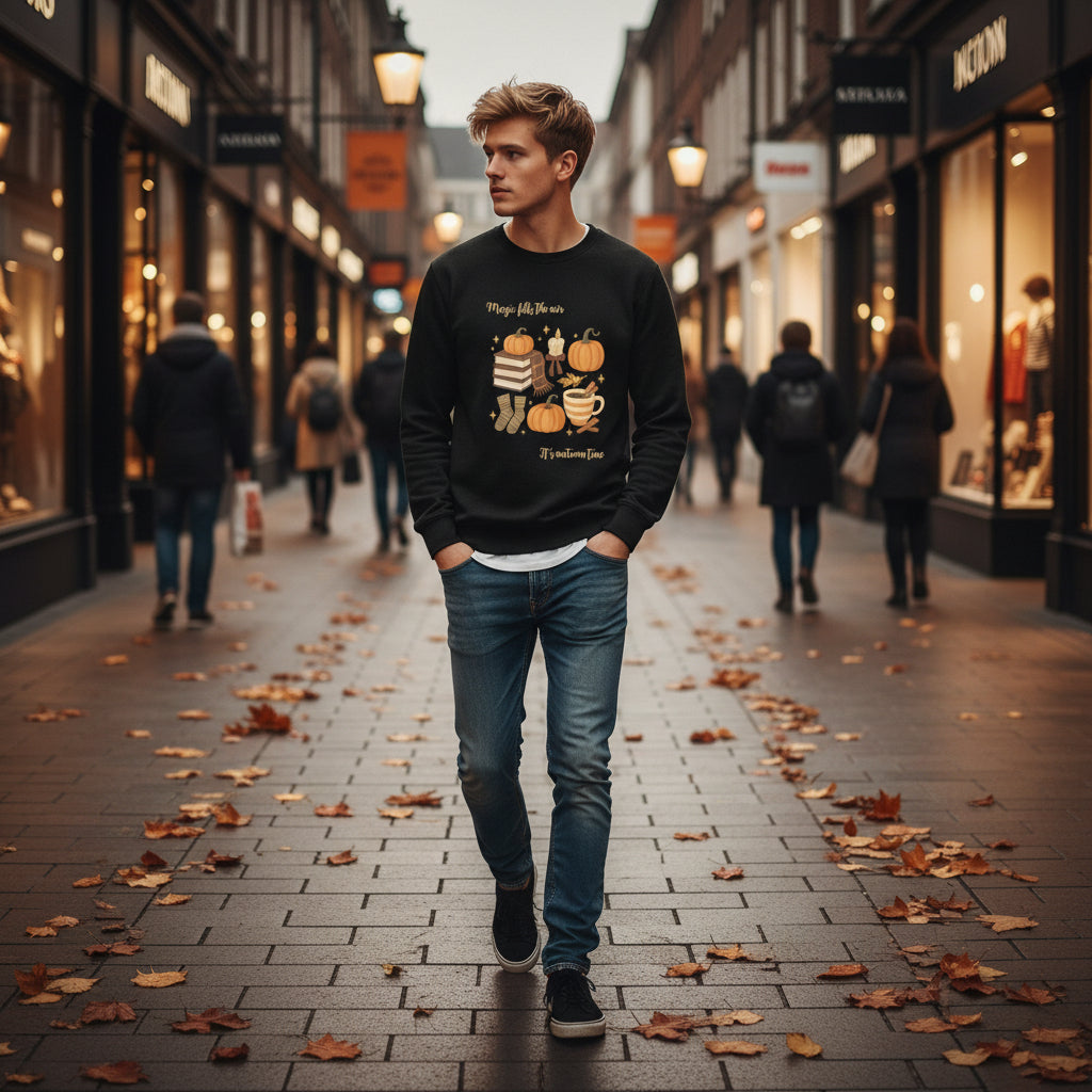 Black Autumn Magic Classic Sweatshirt with fall-themed design of pumpkins, socks, books, and mugs displayed in a cozy retail setting