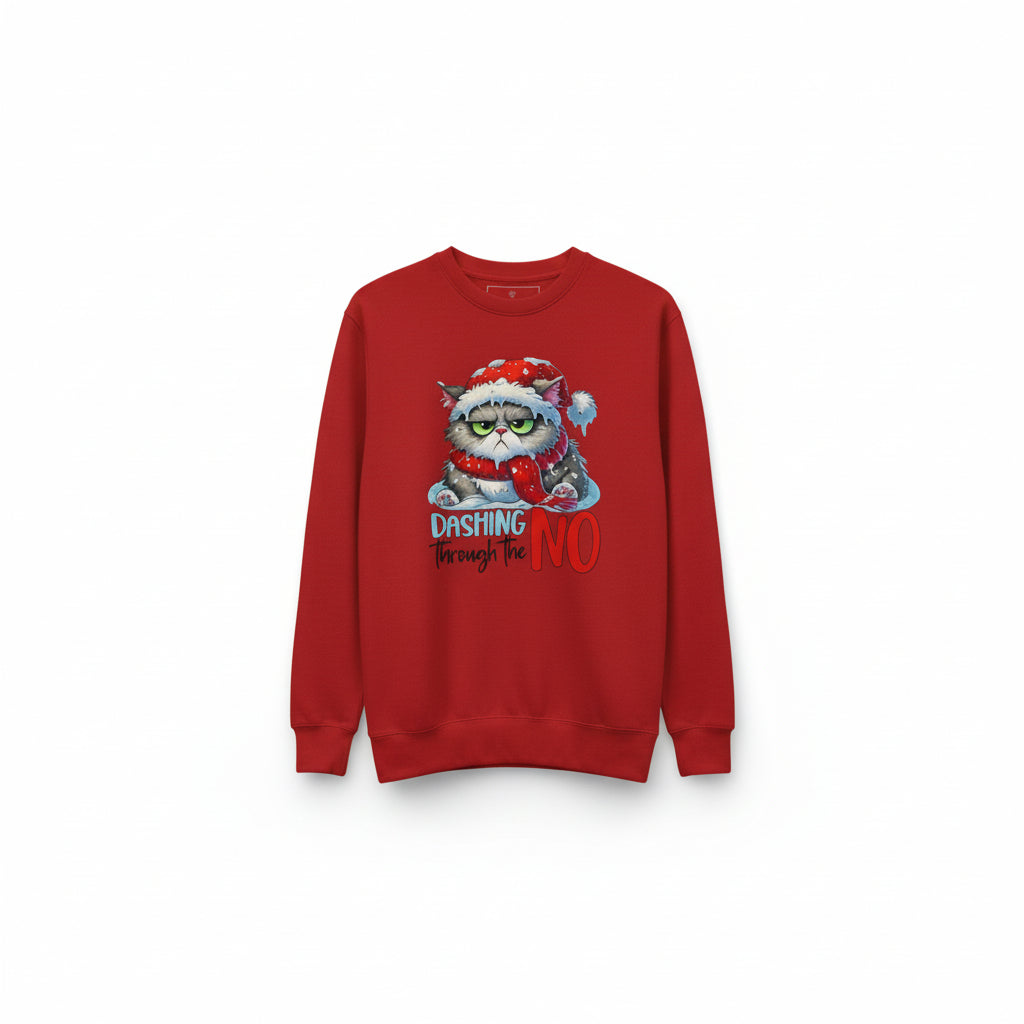 Classic Sweatshirt Dashing Through the NO red holiday sweater with grumpy cat design hanging in festive decorated room