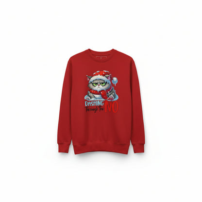Classic Sweatshirt Dashing Through the NO red holiday sweater with grumpy cat design hanging in festive decorated room